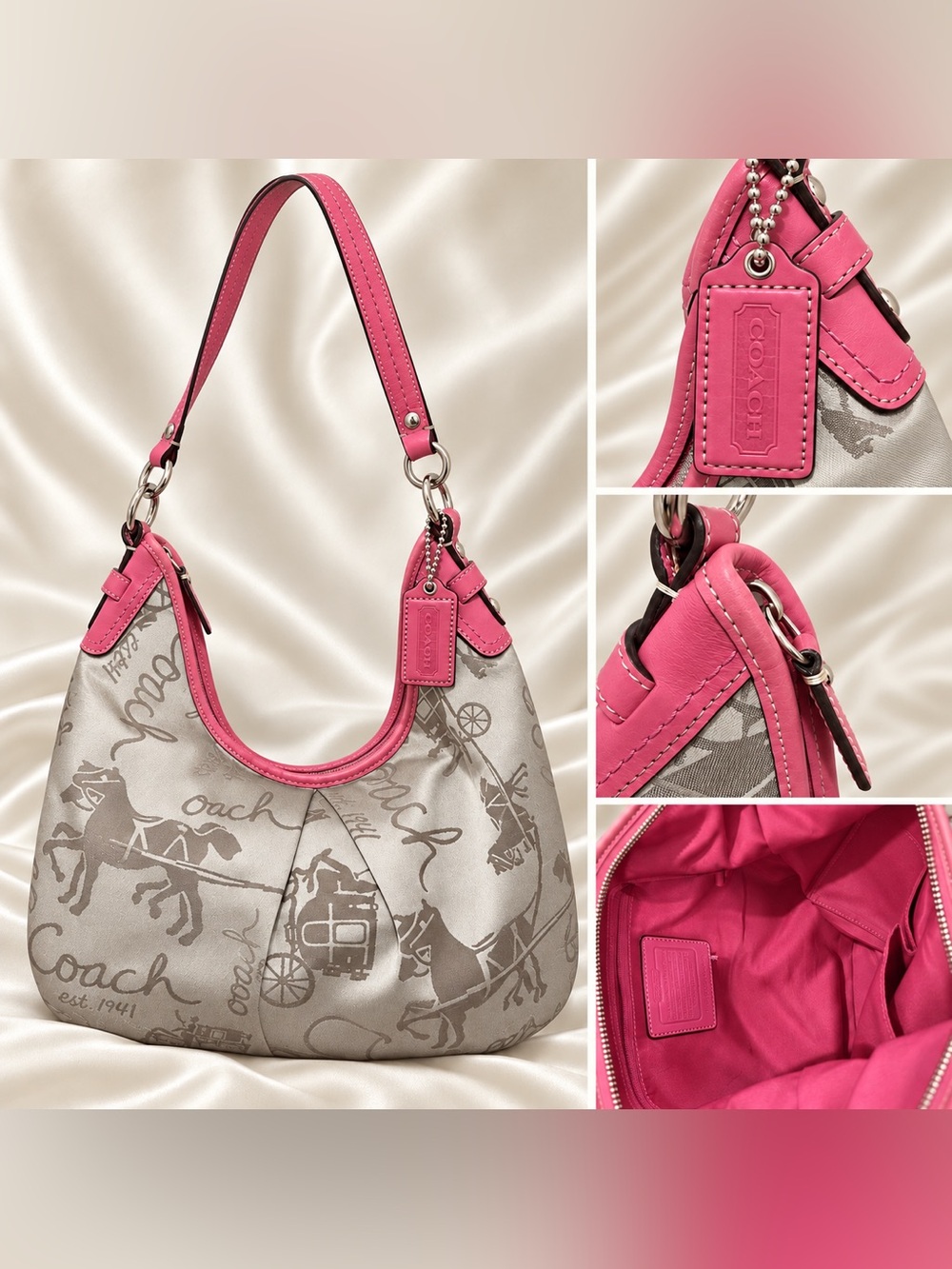 Coach Signature Canvas Hobo with Pink Leather Trim